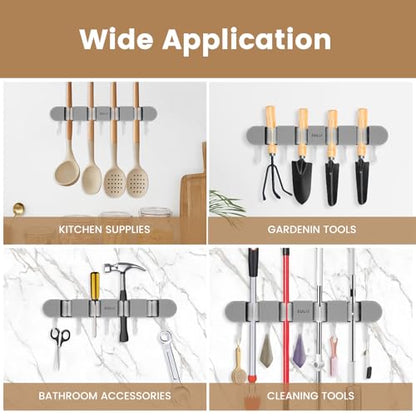 2Pcs Broom Holder Wall Mount, No-Drilling Self-Adhesive Mop and Broom Storage Rack with Hooks (4 Racks with 5 Hooks), Wall-Mounted Broom Hanger for Bathroom, Kitchen, Closet, Garage (Grey) - color: Grey