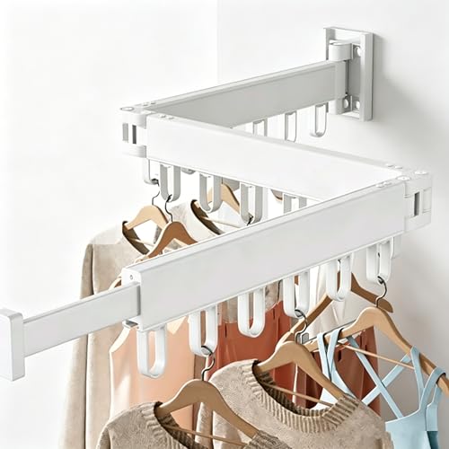 Foldable Clothes Drying Rack, Wall Mounted Retractable Hanger with 18 Hooks, No-Drill/Drill Dual Installation, Space-Saving Aluminum Laundry Rack for Balcony, Bathroom, Indoor Outdoor. (White) - color: White