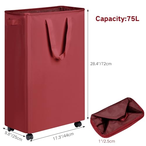 efluky Slim Laundry Hamper with Wheels, Rolling Laundry Basket for Clothes, Small Laundry Basket for Bedroom, Dorm and Laundry Room, 75L (19.8 Gallons) Red - color: Red, size: 75L
