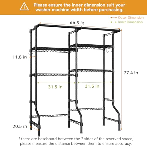 ULIFHOME U14 Over Washer and Dryer Storage Shelves, 4 Tiers Laundry Room Storage and Organizer System, Space Saving Clothes Drying Rack with 2 Clothes Hanger Rods, 66.5" W x 20.5" D x 77.4" H, Black - color: Black, size: Standard