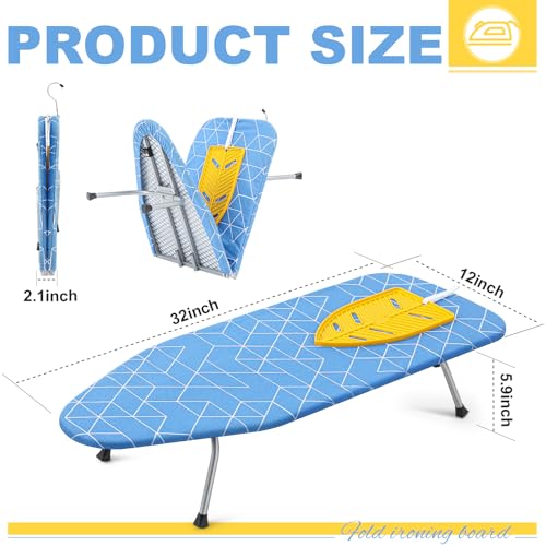 Chunful Mini Ironing Board Tabletop, 32"x12" Foldable Ironing Board with Silicone Iron Rest Pad & Hook, Portable Compact Travel for Small Spaces, Dorm, Apartment, Closet Storage(Classic,Blue)