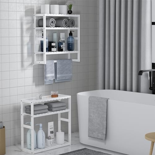 PPN 100% Bamboo Towel Rack Bathroom Storage Shelves Over Toilet Towel Bar - color: Updated White Standard 1 Pack