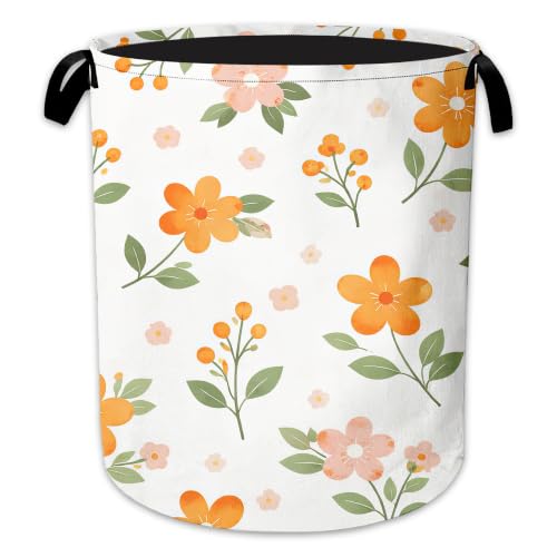 Orange Floral Laundry Hamper, Green Leaves Laundry Baskets, Waterproof Oxford Cloth for Room/Bathroom/Bedroom/Dormitories 16x20.8 Inch - color: Orange Floral