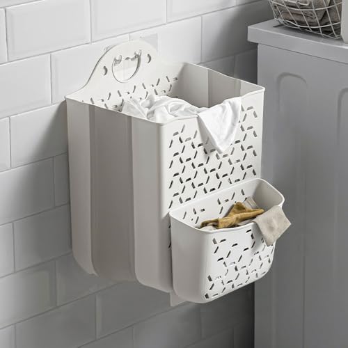 2PCS Hanging Laundry Basket with Carry Handle, Foldable Plastic Laundry Hamper, Wall Hanging Storage Basket, Dirty Clothes Storage Bin Multi-function Storage Container (White,Small) - color: White