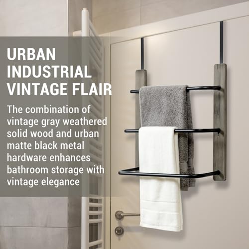 MyGift Over The Door Towel Rack for Bathroom, Vintage Gray Weathered Solid Wood 3 Tier Matte Black Metal Bars, Space Saving Hand Towel Holder, Over Shower Door Towel Drying Rack for Bath Towels - color: Vintage Gray