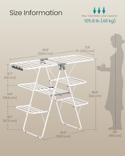SONGMICS Clothes Drying Rack, Foldable 3-Level Laundry Rack, Free-Standing Large Drying Rack, with Height-Adjustable Wings, 39 Drying Rails, Sock Clips, White and Gray ULLR054W01 - color: White, size: 3 Tiers（21.9"D x 49.8"W x 63"H)