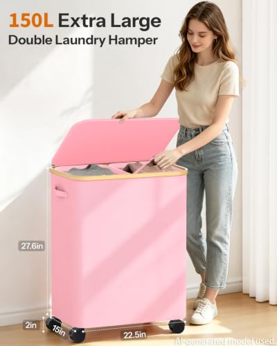 Double Laundry Basket with Wheels and Lid, 150L Clothes Hampers for Laundry - color: Pink, size: 150L