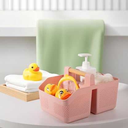 Plastic Shower Caddy Portable Shower Basket with Bamboo Handle, Pink - color: Pink