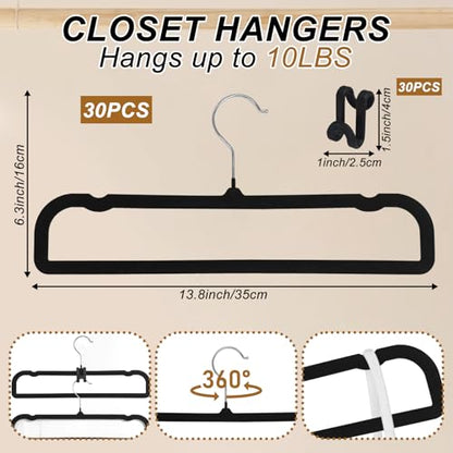 Pants Hangers Space Saving, 30 Pack Velvet Hangers for Closet with 30 Hooks, Strong Durable Non Slip Slim Clothes Hanger, Ultra Soft Flocked Hanger for Pants, Shirts, Bra, Shorts (Black) - color: Black