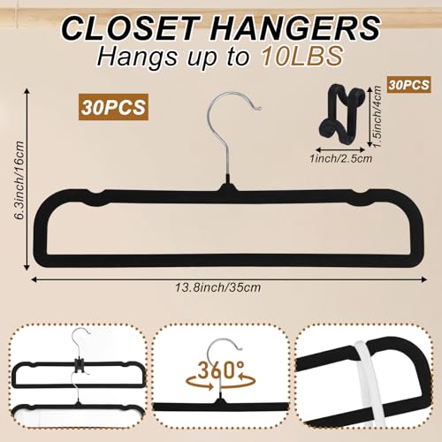 Pants Hangers Space Saving, 30 Pack Velvet Hangers for Closet with 30 Hooks, Strong Durable Non Slip Slim Clothes Hanger, Ultra Soft Flocked Hanger for Pants, Shirts, Bra, Shorts (Black) - color: Black