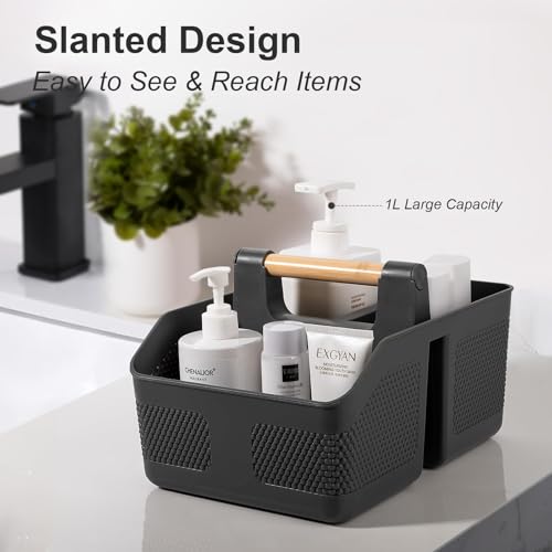 Plastic Shower Caddy Portable Shower Basket with Bamboo Handle, Dark Gray - color: Dark Gray
