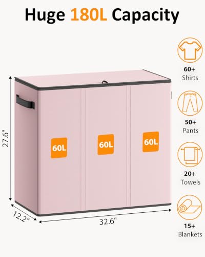 Optish 180L Laundry Hamper 3 Section, Large Hamper with Mesh Bags & Lid - color: Pink