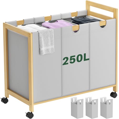 Homykic 250L Laundry Sorter with Wheels, 3-Section Laundry Hamper, Grey - color: Grey