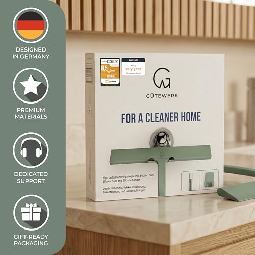 GÜTEWERK Silicone Shower Squeegee with 3-in-1 No-Drill Mount, Green, 9'' - color: Green, size: 9 Inches