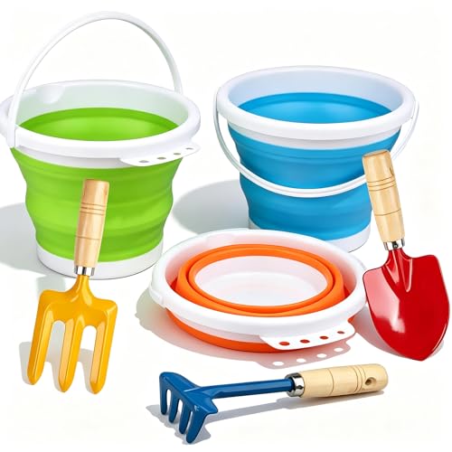 Gardening Tools Set Foldable Beach Bucket with Metal Shovels for Adults, Collapsible Pails Sand Bucket for Basket Camping Gardening Fishing, Essential Travel Gadget 6PCS - color: Blue, size: Round Bucket (2.5L)