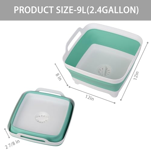 Dishpan for Washing Dishes, 2.4Gal/9L Wash Basin with Draining Plug Carry Handles, Collapsible Bucket for Cleaning, Portable Sink, Foldable Plastic Tub - color: Green, size: 1 x 9L