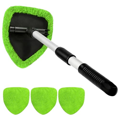 Windshield Cleaner Tool, Windshield Cleaning Tool, Car Window Detailing Cleaning Kit with Extendable Handle and Reusable Microfiber Pads, Auto Glass Wiper Brush for Car Office Home (Green) - color: Green-1