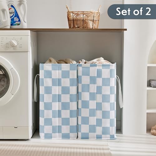 Checkered Laundry Hamper, Pack of 2, Large Pastel Blue Collapsible Cloth Hampers Basket for Storage Organization Cute Aesthetic, 2 x 75L - color: Blue