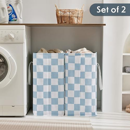 Checkered Laundry Hamper, Pack of 2, Large Pastel Blue Collapsible Cloth Hampers Basket for Storage Organization Cute Aesthetic, 2 x 75L - color: Blue