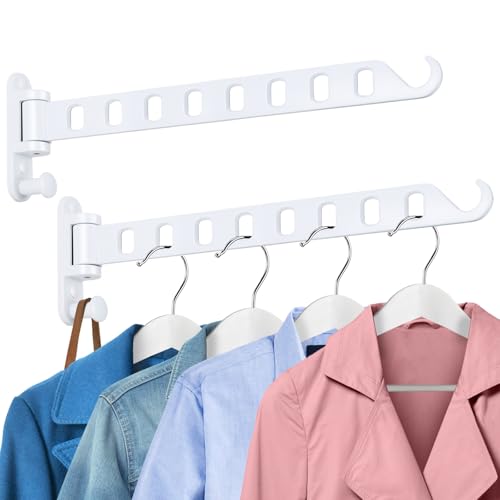 Wall Mounted Clothes Hanger with Swing Arm - 8-Hole Laundry Room Drying Rack | 180° Rotation & Space Saving for Hanging Clothes | Swing Away Coat Hanger | Aluminium(2-Pack, White) - color: White (8-hole, 14.2")