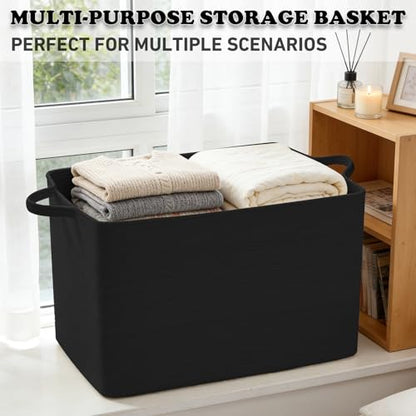 96L Woven Laundry Basket with Handles, Extra Blanket Basket,Black - color: Black, size: 96L