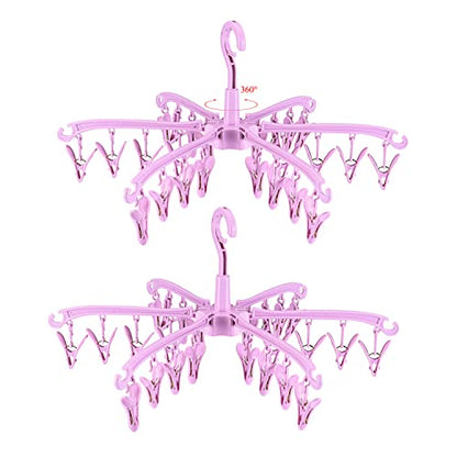 Clothes Drying Hanger with 24 Clips,Foldable Hanging Rack 2 PCS - color: Pink 2