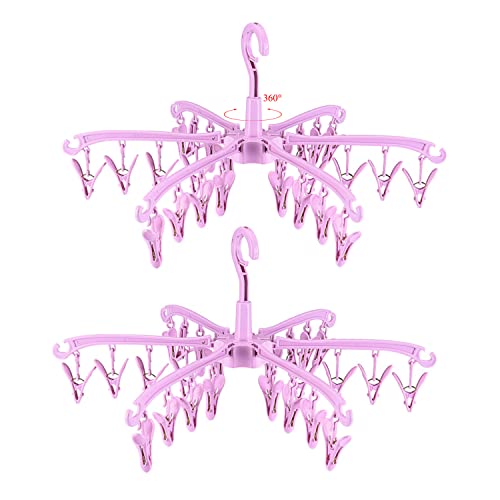 Clothes Drying Hanger with 24 Clips,Foldable Hanging Rack 2 PCS - color: Pink 2