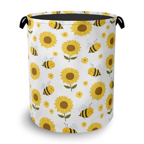 Cute Bee Laundry Basket,SunFlower Foldable with Handles Tote Bag Oxford Cloth for Bathroom Bedroom Dirty Clothes Storage Bucket 16" x 20.8" - color: Cute Bee SunFlower