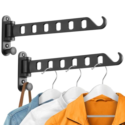 Laundry Drying Rack - Wall Mounted Clothes Hanger with Swing Arm, 6-Hole Laundry Hanger & Swivel Hanging Bar, Foldable Valet Hook, Laundry Room Closet, Sturdy Aluminum (2-Pack, Black) - color: Black (6-hole, 11.4")