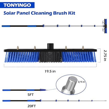 5-20FT Solar Panel Cleaning Brush Kit - Telescopic Pole with Dual Action Flip-Lock & Screw Fixing, Water Flow & Soap Dispenser, Ideal for Snow Removal, Windows, Boats, RVs, Decks