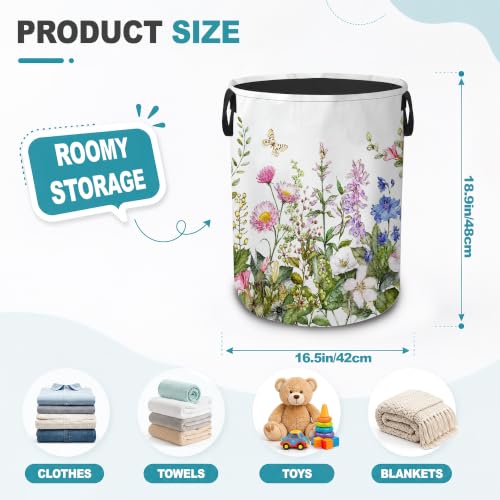 Botanical Wildflowers Collapsible Laundry Hamper,Butterfly Floral Waterproof Oxford Cloth Clothes Basket with Handles for Bathroom Bedroom Nursery Dorm Room,16" x 20" - color: Botanical Wildflowers,Butterfly Floral