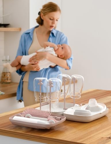 Momcozy 7-in-1 Baby Bottle Brush Set with Drying Rack, Pink - color: Pink, size: Classic Style