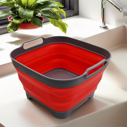 SAMMART 10L (2.64 Gallon) Collapsible Dishpan with Draining Plug - Foldable Washing Basin - Portable Dish Washing Tub - Space Saving Kitchen Storage Tray (1, Grey/Red) - color: Grey/Red