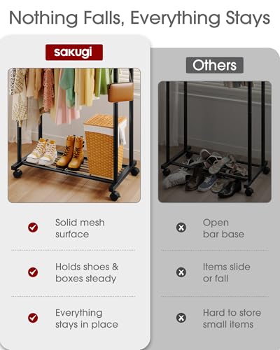 Sakugi Double Rod Clothes Rack Mesh Shelf & Hooks, 28.7x16.5x59.1, Black - color: Black, size: Large 28.7"W x 16.5"D x 59.1"H