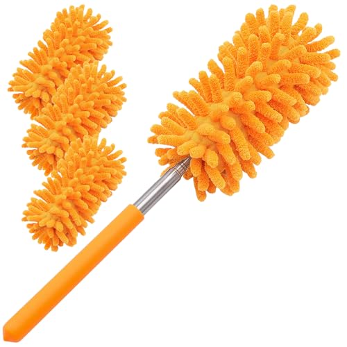 Duster for Cleaning, 10-29" Extension Pole, 4 Washable Heads, Yellow - color: Orange, size: 4 Attachments