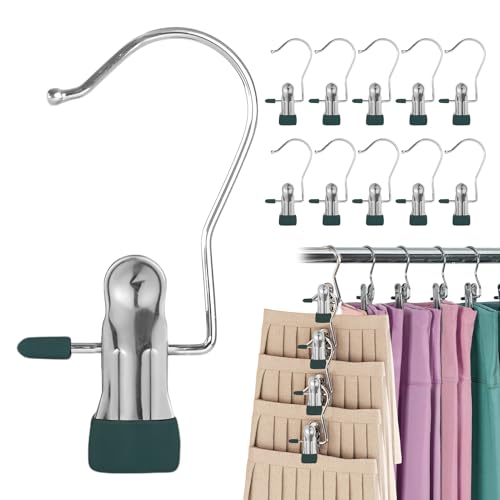 10-Pack Anti-Slip Hook Clips for Skirts Shorts Towels Boots Bulk Clips for Wardrobe Travel Pants Socks Handbag Clothes Hanger Clips for Closet Organizer Socks Towels Clips Heavy Duty Clothes Pins - color: Dark Green