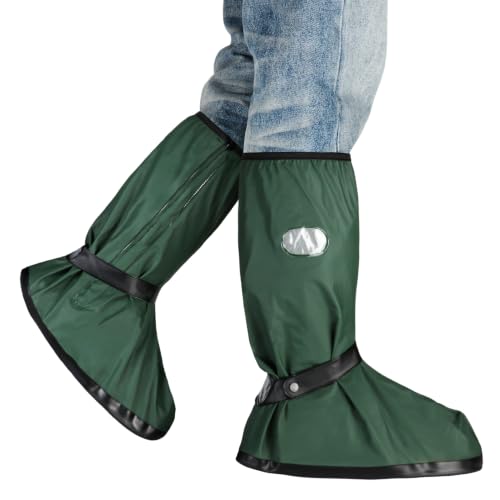 Waterproof Reusable Boot Covers for Men & Women, Extended Mid-Calf Rain Shoe Covers with Side Zipper, Dual Buckle Fit, Slip-Resistant Sole, Reflective Trim & Storage Pouch - color: Green, size: M 8.5–9.5 / W 10–11