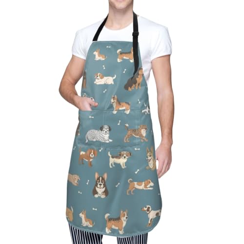 Perinsto Waterproof Apron With 2 Pockets Kitchen Chef Aprons Bibs For Cooking Baking Painting Gardening Grooming - color: Dog Blue