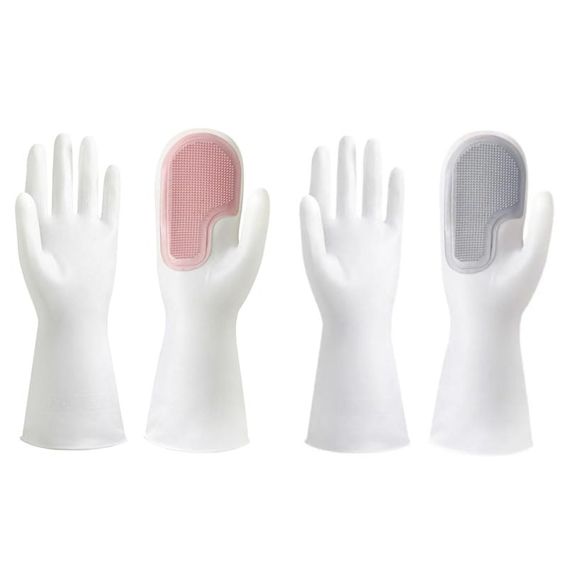 2 Pair Dishwashing Gloves with Scrubbing Bristles Dishes Washing Glove Brush Scrapper for Household Cleaning Kitchen Bathroom Car Garden