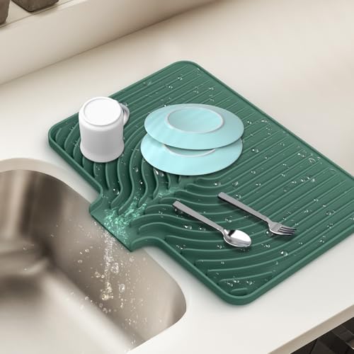 Dish Drying Mat for Kitchen Counter, with Built-in Drain Lip, Food-Grade Silicone, Easy Clean Pad for Countertop Protection, Multi-Functional Use (18x11.8, Dark Green) - color: Green, style: 18x11.8
