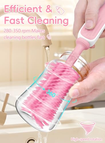 Electric Baby Bottle Brush Cleaner, Baby Travel Bottle Cleaner Kit- 2000mAh Rechargeable Silicone Brush, Drying Rack, Compact Storage Box, 360° Efficient Cleaning Bottle Brush for Home & On-The-Go - color: Pink