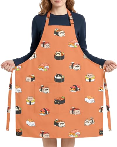 Women Apron, Cute Kitchen Aprons for Women, Girls - color: Orange Sushi Cat