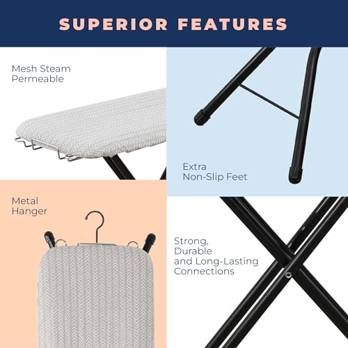 Ironing Board with Iron Rest, Iron Board with 3 Layers Extra Thick Cover, Compact and Space Saver Foldable Ironing Board, Adjustable Height, Easy Storage with Smart Hanger and Lightweight Design - color: Soft Gray, size: 13"x43"