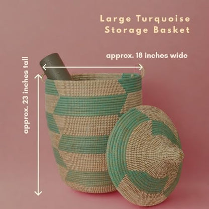 Tall Hamper with Lid for Laundry and Storage, Round Turquoise Blue Wicker Basket, 18" Wide x 23" Tall - color: Turquoise Blue White