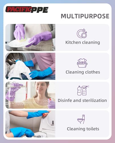 PACIFIC PPE 4 Pairs Dishwashing Gloves, Cotton Flocked Liner, Blue, Large - color: Blue, size: Large (Pack of 4)
