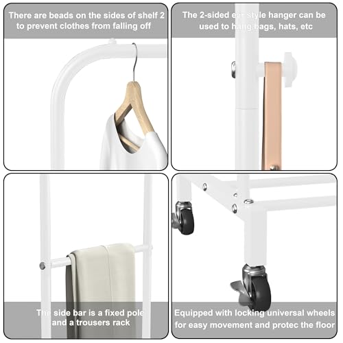 Sooyee Double Rod Clothing Rack with Wheels,3 Tier Garment Racks for Hanging Clothes,Portable Clothes Rack with 4 Hooks for Bedroom,Laundry Room,White - color: White