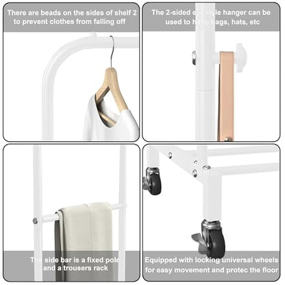 Sooyee Double Rod Clothing Rack with Wheels,3 Tier Garment Racks for Hanging Clothes,Portable Clothes Rack with 4 Hooks for Bedroom,Laundry Room,White - color: White