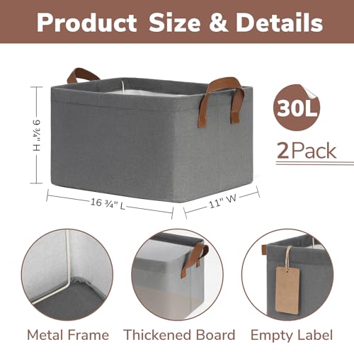 CHICVITA 30L Large Fabric Closet Bins for Shelves, 2Pack, Grey - color: Grey, size: 16 ¾" L x 11" W x 9 ¾" H
