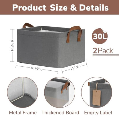 CHICVITA 30L Large Fabric Closet Bins for Shelves, 2Pack, Grey - color: Grey, size: 16 ¾" L x 11" W x 9 ¾" H