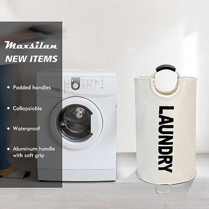 Maxsilan 90L Large Laundry Basket Bag, Collapsible Tall Hamper, Beige - color: Beige, size: 90L